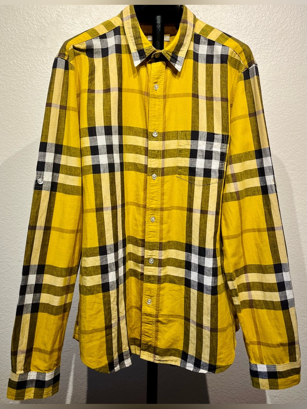 Burberry Brit Yellow Nova Check Button-Down Linen-Cotton Shirt - Size XL (Men’s)